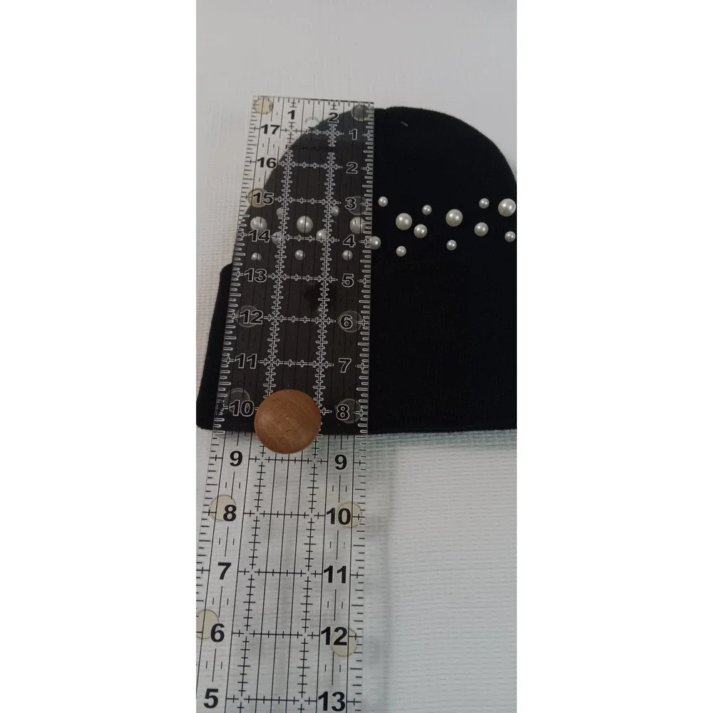 Black Knit Cuffed Beanie with Faux Pearl and Flower Accents Headpiece